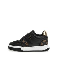 Sneaker neri con tomaia in pelle texturizzata, dettagli dorati sul tallone e un design a motivo marrone di lato. Suola bianca.