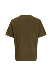 T-shirt en coton vert olive à manches courtes, col rond et coupe décontractée. Texture lisse ; sans logos ni motifs visibles.