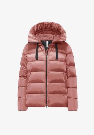 Puffer jacket in dusty rose, featuring a hood, quilted design, black accents, full front zipper, and side pockets. Smooth, shiny texture.