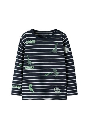 Marineblaues Langarmshirt mit weißen Streifen, verziert mit grünen Dinosauriergrafiken und Text, aus weichem Baumwollstoff gefertigt.
