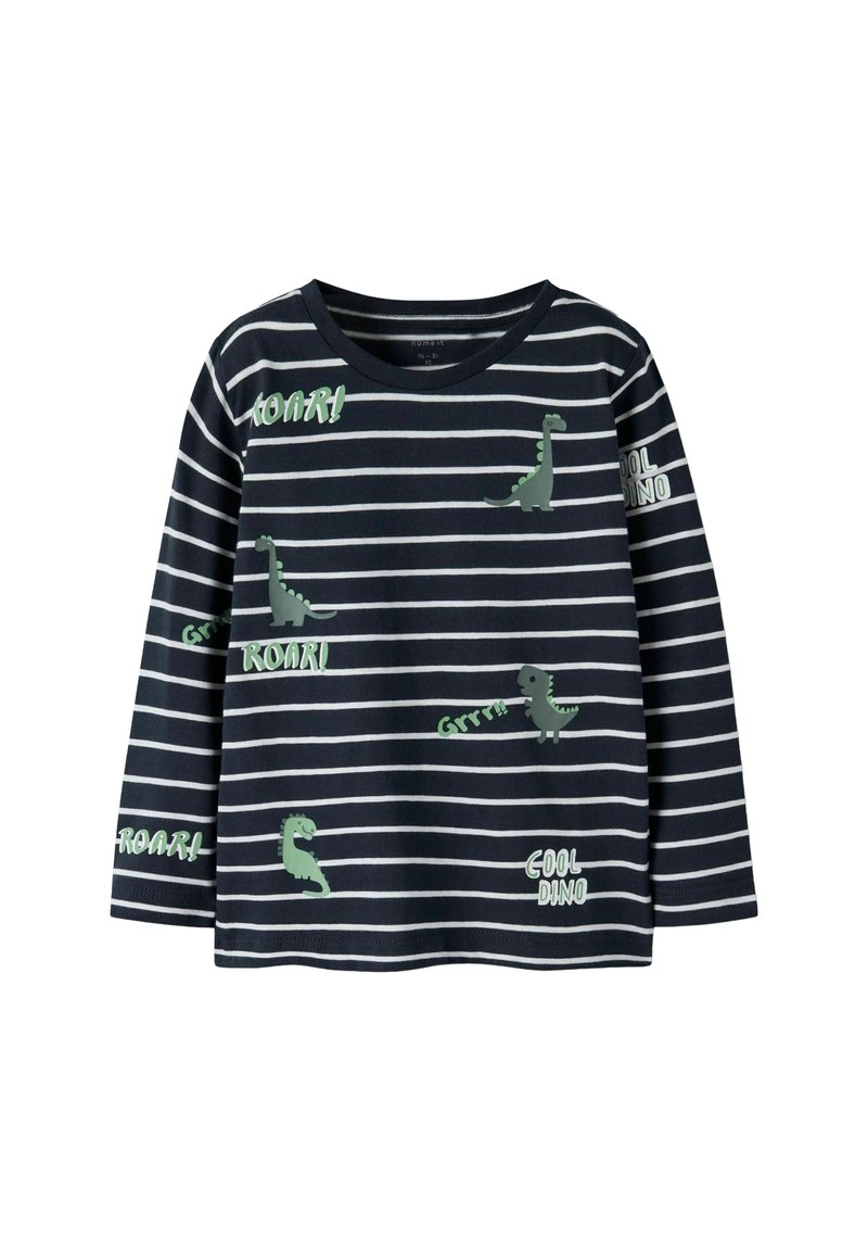 Marineblaues Langarmshirt mit weißen Streifen, verziert mit grünen Dinosauriergrafiken und Text, aus weichem Baumwollstoff gefertigt.