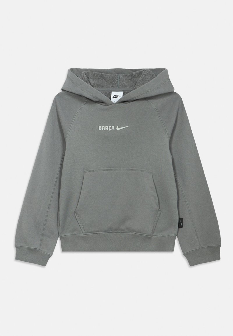 Grey Nike hoodie with front pocket and "BARÇA" logo beside the Nike swoosh on the chest, featuring a hood and long sleeves.