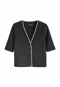 Sort cardigan med korte ærmer, hvid kant langs halsudskæringen og knapstolpen, med fem guldtonede knapper foran.