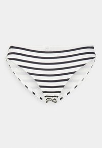 Pantaloni bikini a righe con strisce orizzontali bianche e nere, copertura media e una finitura in tessuto liscio e elasticizzato.