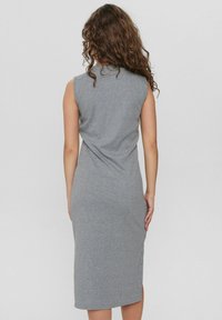 Gray ribbed midi dress with a fitted silhouette, sleeveless design, and smooth texture; features a slight slit at the hem.