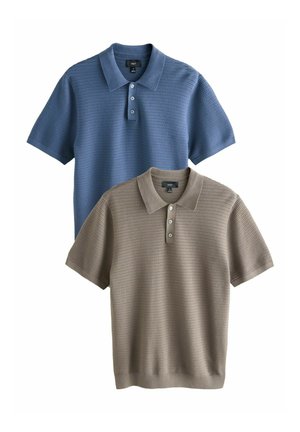 Two short-sleeve knitted polo shirts with textured patterns, one in blue and one in beige, each featuring a three-button placket and collar.