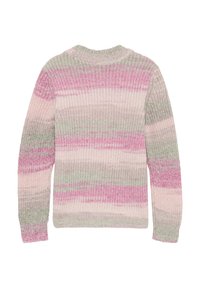 Pull en tricot avec un col rond. Arbore des rayures pastel en rose, vert et beige. Matériau texturé avec des manches longues.