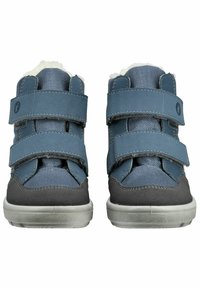 Zapatos azul claro de caña alta con dos cintas de velcro, parte superior de textil, detalles en gamuza gris, cuello acolchado y suela de goma. Forro suave visible en la parte superior.