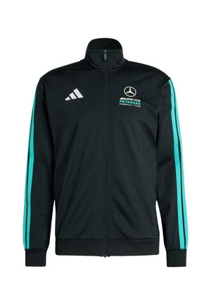 Svart jacka med dragkedja och turkosa ränder på ärmarna, med Mercedes AMG Petronas-logotyp och Adidas tre ränder på axeln. Mjukt tyg.