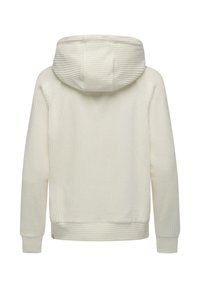 Felpa color crema con texture a coste verticali, dotata di un ampio cappuccio e maniche lunghe. Anche i polsini e l'orlo sono a coste.