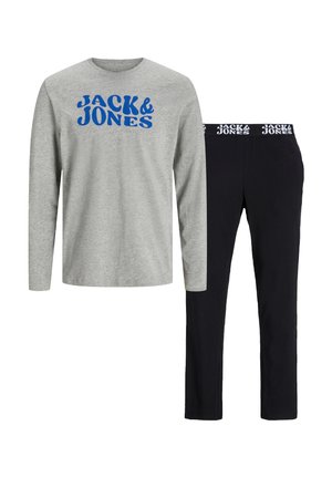 Gray long-sleeve shirt with blue "JACK & JONES" logo, paired with black pants featuring a branded waistband. Cotton material, casual fit.