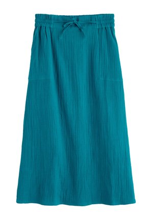 Teal, knee-length skirt made of lightweight fabric with a crinkled texture. Features an elastic waistband and two side pockets.