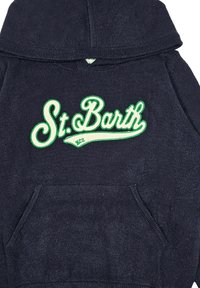 Felpa blu navy con il logo ricamato "St. Barth" in verde, presenta una tasca frontale e un tessuto texturizzato con orlo e polsini a coste.