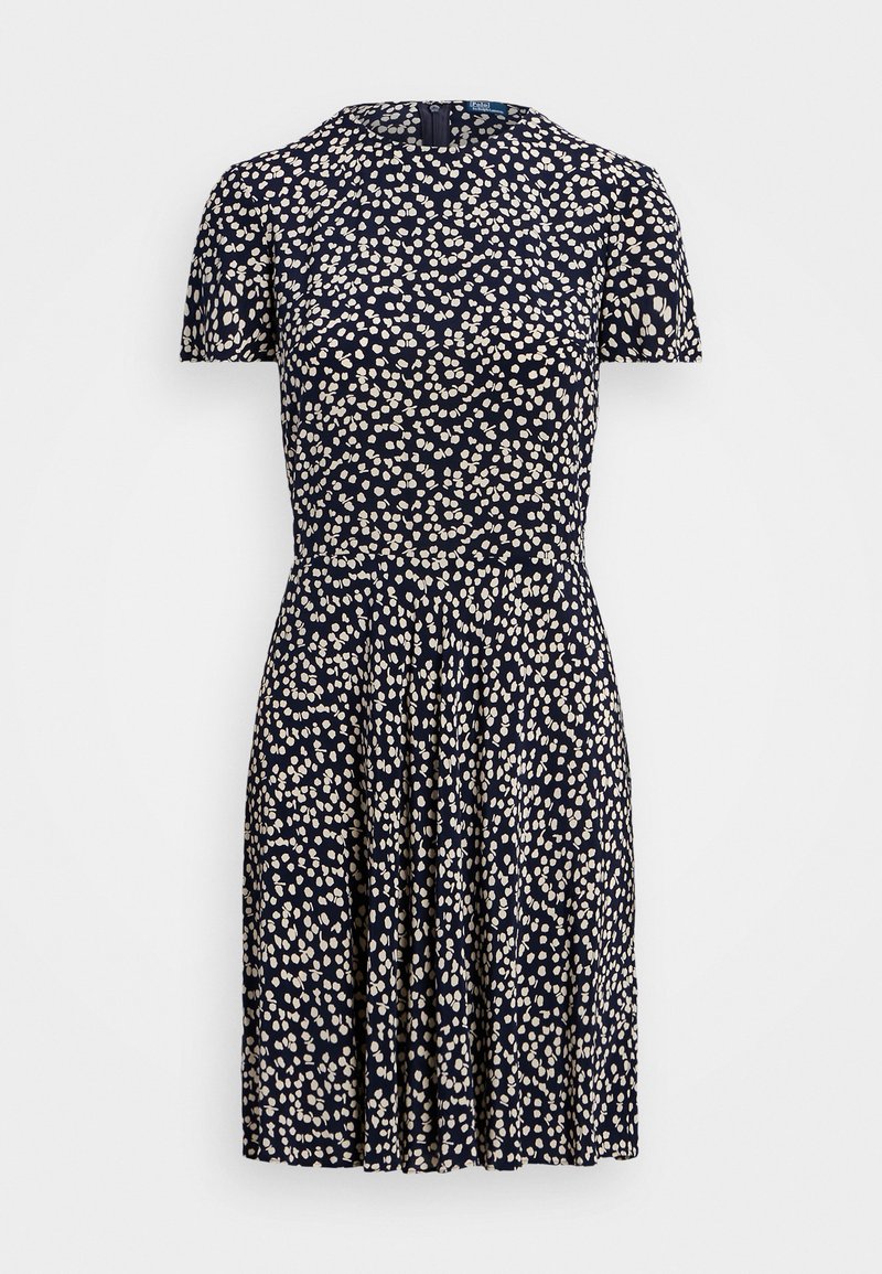 Rochie bleumarin cu maneci scurte, model floral în crem, fustă plisată, decolteu rotund și închidere cu fermoar la spate.
