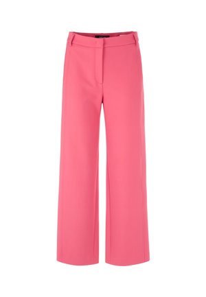 Pink wide-leg trousers with a smooth texture, featuring a front zip closure, belt loops, and side pockets.