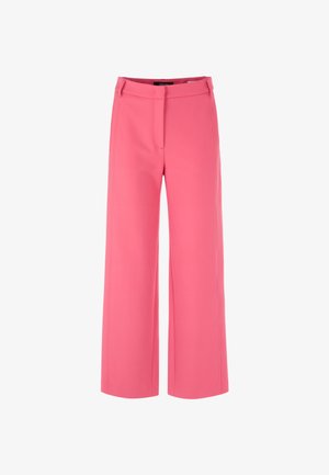 Pink wide-leg trousers with a smooth texture, featuring a front zip closure, belt loops, and side pockets.