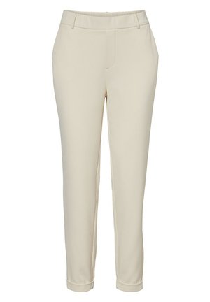 Beige tapered pants with a smooth texture, featuring a tapered leg design and a waistband with belt loops. No visible pockets.