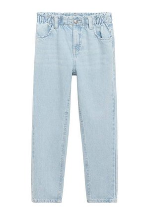 Lyseblå denimbukser med elastisk taljebånd, bæltestropper, forreste knap og sidelommer, vist fladt på hvid baggrund.