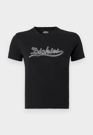 Melna īsroku krekla T-krekls ar apaļu apkakli un baltu uzrakstu "Dickies" centrā uz krūtīm.
