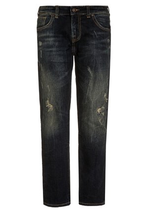Dark blue denim jeans with faded details and distressed patches on thighs, classic five-pocket style, and button closure.