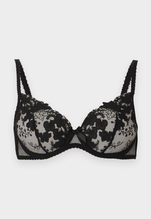 Czarny biustonosz z fiszbinami z koronką w kwiatowy wzór, przezroczystą tkaniną, podwójnymi ramiączkami i małą, centralną kokardką.