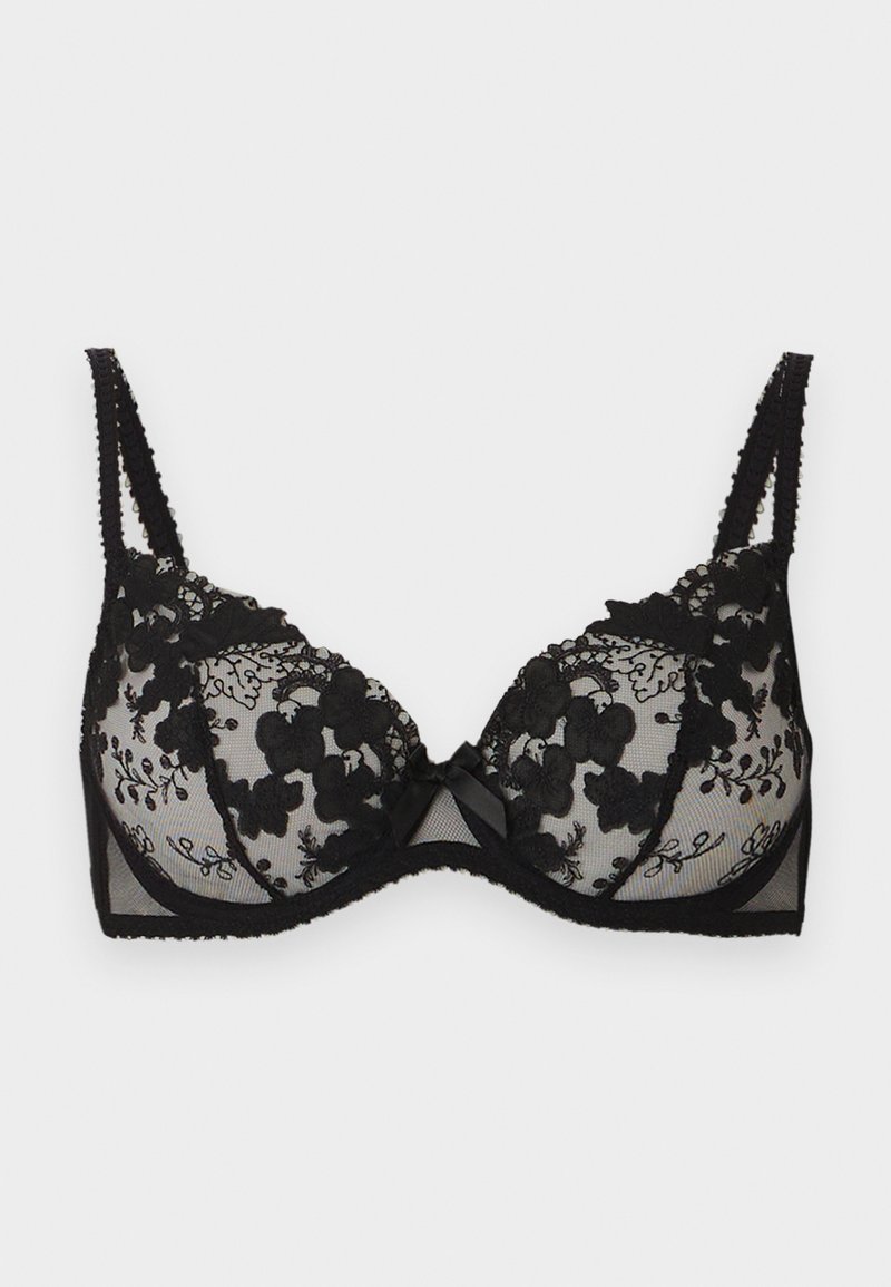 Reggiseno a balconcino nero con pizzo, ricamato con motivi floreali, tessuto trasparente, doppie spalline e piccolo fiocco centrale.