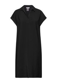 Schwarzes Kurzarmkleid mit Kragen und V-Ausschnitt, gerader Schnitt und sichtbarer, leichter Stoffstruktur.