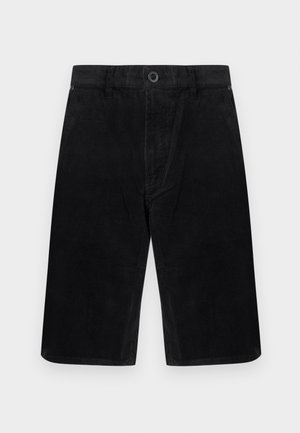 Schwarze knielange Cordhorts mit Knopfverschluss, Gürtelschlaufen und seitlichen Taschen, auf einfachem hellem Hintergrund dargestellt.