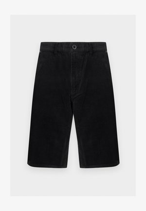 Schwarze knielange Cordhorts mit Knopfverschluss, Gürtelschlaufen und seitlichen Taschen, auf einfachem hellem Hintergrund dargestellt.