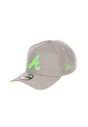 Gray cap with neon green embroidered "A" logo, structured design, curved brim, and a New Era sticker on the visor; polyester material.
