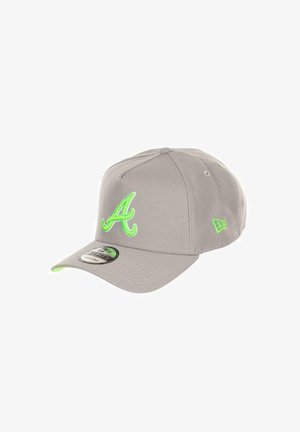 Gray cap with neon green embroidered "A" logo, structured design, curved brim, and a New Era sticker on the visor; polyester material.