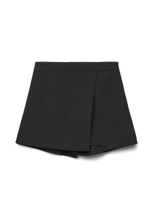 Gonna nera con design a pieghe, realizzata in tessuto liscio. Presenta una cintura dritta e una chiusura a zip discreta sul lato.