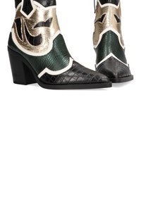 Botas de vaquero negras y verdes con un acabado texturizado, con acentos dorados, punta afilada y tacón cuadrado. Diseño decorativo de ribete blanco.