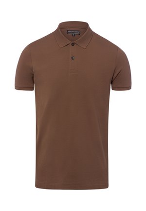 Brązowa koszulka polo z krótkim rękawem, z dwoma czarnymi guzikami i kołnierzykiem, marki Finshley & Harding, przedstawiona na białym tle.