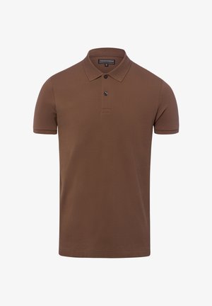 Braunes Poloshirt mit kurzen Ärmeln, zwei schwarzen Knöpfen und Kragen, hergestellt von Finshley & Harding, auf weißem Hintergrund dargestellt.