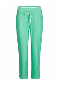 Mintgrüne Caprihosen aus einem glatten, leichten Stoff. Mit einem Kordelzugbund, zwei Seitentaschen und Reißverschlussbündchen.
