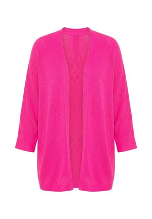 Jasnoróżowy otwarty, dziergany kardigan z długimi rękawami i luźnym krojem, pokazany na białym tle.