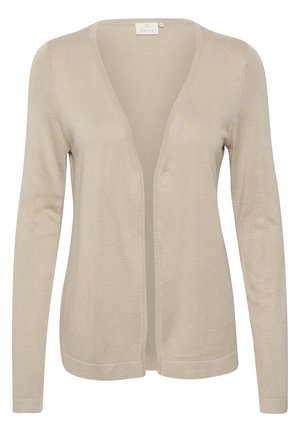 Cardigan beige à manches longues, ouvert sur le devant, avec col en V et ourlet côtelé, fabriqué en tissu tricot léger.