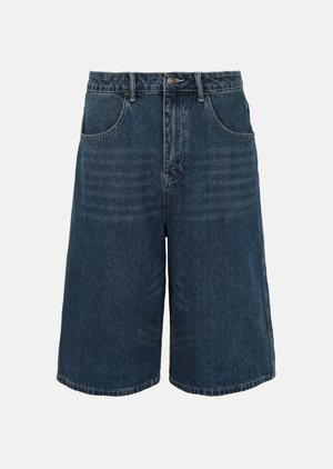 Dunkelblaue Jeans-Shorts knielang mit vorderer Knopfleiste, Reißverschluss, Gürtelschlaufen und zwei vorderen Taschen.