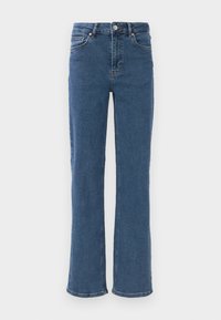 Mid-blå jeans med rett ben og fem lommer, med knappelukking, vist på en ensfarget hvit bakgrunn.
