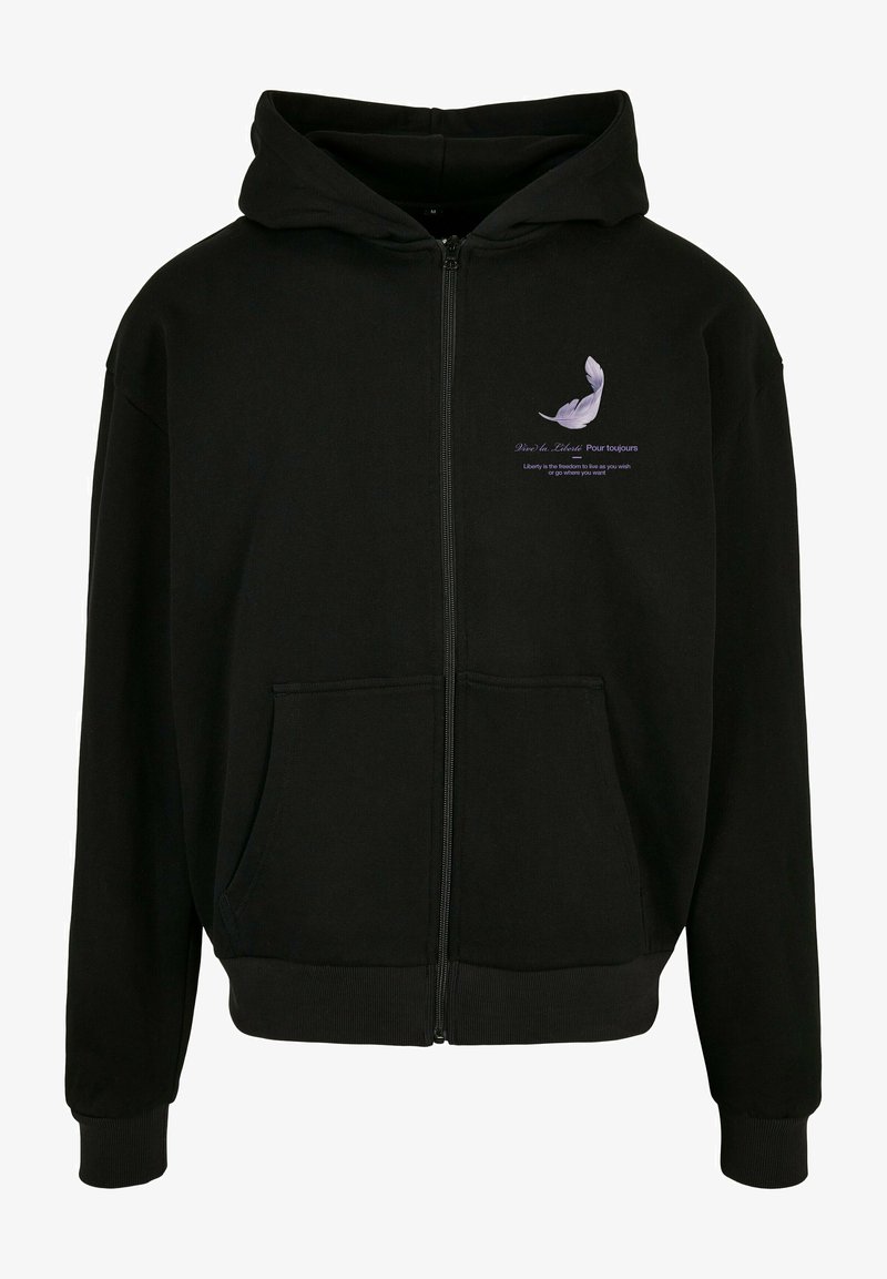 Schwarze Zip-Hoodie aus Baumwollmischung, mit einer Tasche, gerippten Bündchen und einem lila Grafikelement mit Text auf der linken Brust.