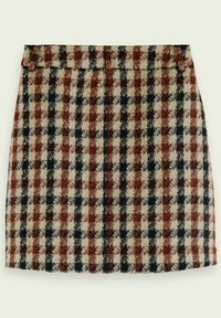 Jupe à carreaux longueur genou avec tissu texturé dans un motif à carreaux marron, noir et beige, taille haute et silhouette droite.