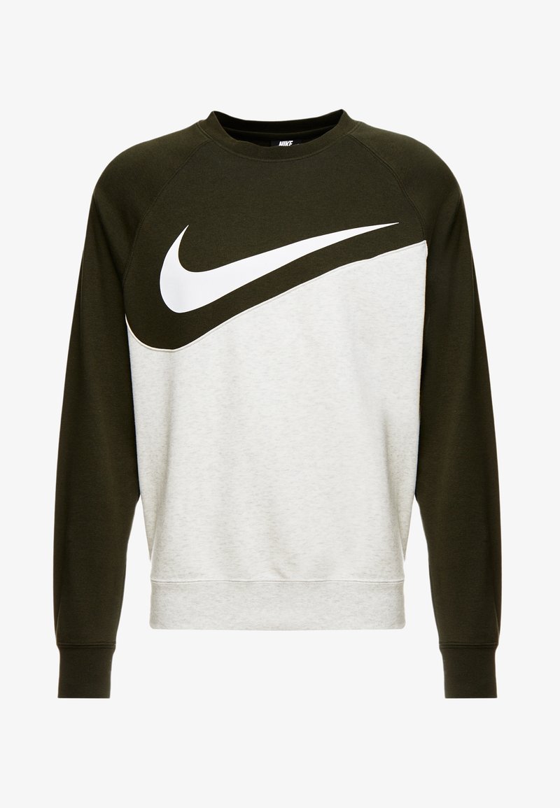 Mikina Nike se zelenou horní částí a světle šedým tělem. Obsahuje výrazné bílé logo Swoosh a žebrové manžety. Měkká textilie.