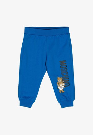 Pantaloni jogger blu per bambini con cintura elastica e polsini, caratterizzati dal logo Moschino e da due grafiche di orsetti su una gamba.