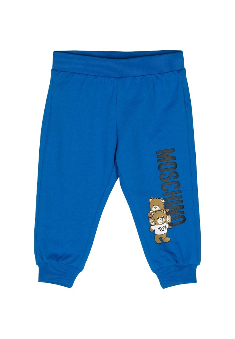 Pantaloni jogger blu per bambini con cintura elastica e polsini, caratterizzati dal logo Moschino e da due grafiche di orsetti su una gamba.