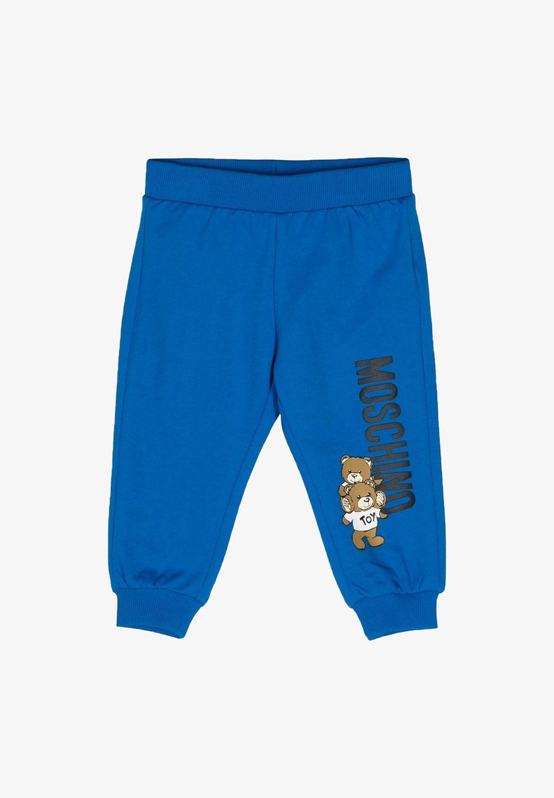 Pantaloni jogger blu per bambini con cintura elastica e polsini, caratterizzati dal logo Moschino e da due grafiche di orsetti su una gamba.