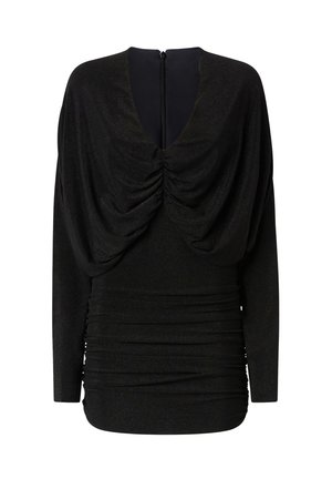 Abito nero con texture, con un drappeggio nella parte anteriore, maniche lunghe e dettagli arricciati in vita. Presenta una zip sul retro e un profondo scollo a V.