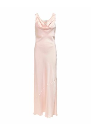 Robe longue en satin rose clair sans manches, avec un décolleté drapé et un détail subtil de couture asymétrique sur la jupe.