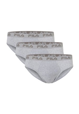 Tre grå mænds briefs med grå elastiske linninger med FILA-logo i mørkegrå.