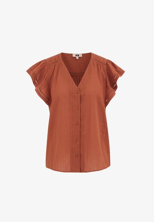 Blúzka v hrdzavej farbe s krátkym rukávom, výstrihom do V, prednými gombíkmi, textúrovanou látkou a ozdobnými vystřiihmi na rukávoch a pleciach.